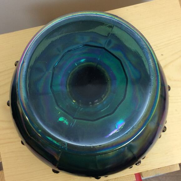 Indiana Glass LG Pedestal Bowl Carnival Glass Peacock Blue Garland Iridescent - Picture 4 of 4